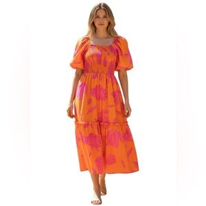 FASHION orange & pink smocked top puff sleeve tiered midi dress size Medium